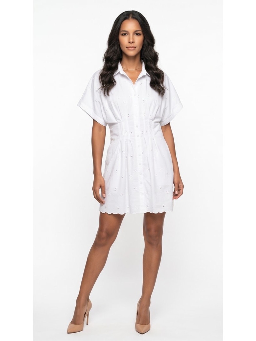 Free Assembly White Eyelet Short-Sleeve Button-Up Cotton Dress Sz M Pleated